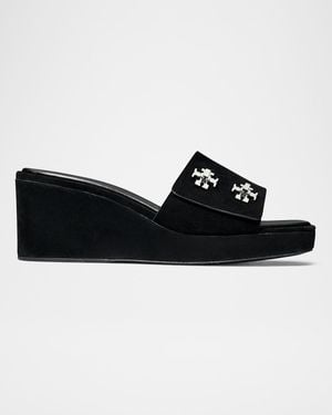 Tory Burch Turnlock Suede Wedge Sandals - Black