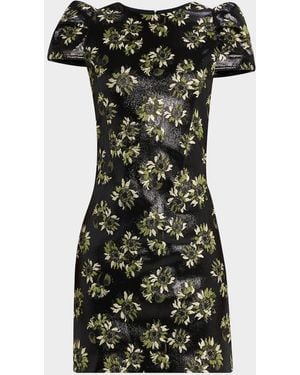 McQueen Lacquered Sunflower Jacquard Puff-Sleeve Mini Dress - Black