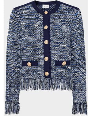 MILLY Kaia Fringe-Trim Knit Jacket - Blue