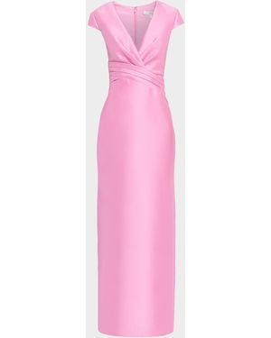 Badgley Mischka Plunging Cap-Sleeve Mikado Column Gown - Pink