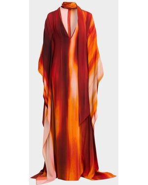 LAQUAN SMITH Plunging Neck-Scarf Dolman-Sleeve Caftan Gown - Red