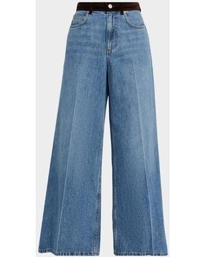 Marni Flower Patch Velvet-Waistband Wide-Leg Denim Pants - Blue