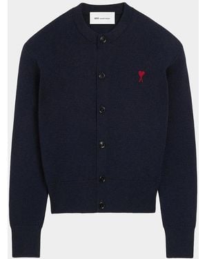 Ami Paris Ami De Coeur Embroidered Wool Crewneck Cardigan - Blue