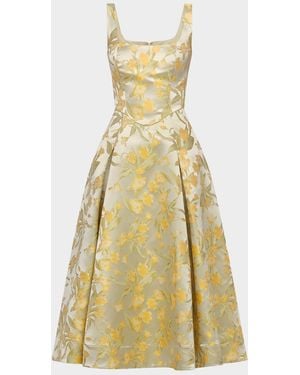 THEIA Julie Basque-Waist Pleated Jacquard Midi Dress - Yellow