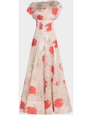 Lela Rose Metallic Floral Fil Coupe Cap-Sleeve Gown - White