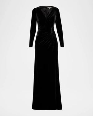 Teri Jon Velvet Beaded Accent A-Line Gown - Black