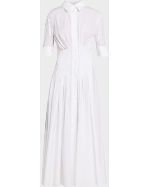 Marni Short-Sleeve Pleated Cotton Poplin Cinched Midi Shirtdress - White