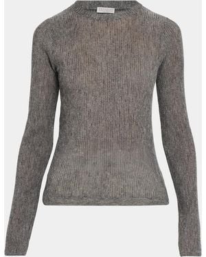 Brunello Cucinelli Metallic Alpaca-Blend Rib Crewneck Sweater - Gray