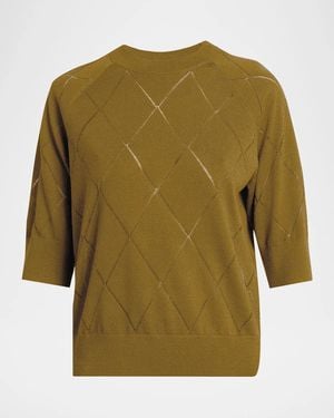 Dries Van Noten Diamond Knit Elbow-Sleeve Crewneck Sweater - Green