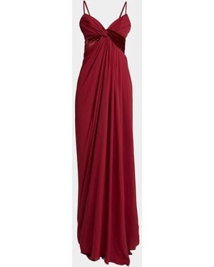 Elie Saab V-Neck Twisted Silk And Velvet Gown - Red
