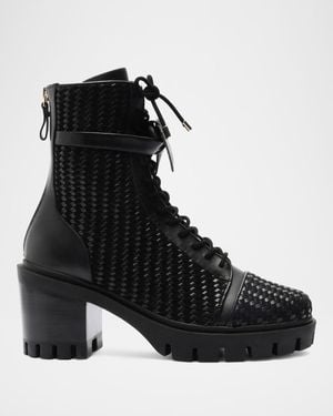 Alexandre Birman Tresse Leather Combat Booties - Black