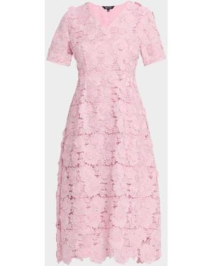 Misook Scalloped A-Line Floral Lace Midi Dress - Pink