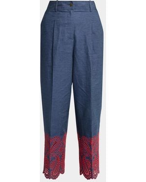 Etro Eyelet Embroidered Chambray Straight-Leg Crop Pants - Blue