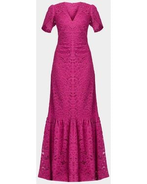 Shoshanna Bolton Tulip-Sleeve Corded Lace Gown - Pink