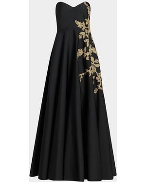 Pamella Roland Raffia Floral-Embroidered Faille Strapless Gown - Black
