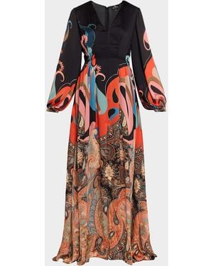 Etro Lotus Paisley-Print Long-Sleeve A-Line Gown - Red