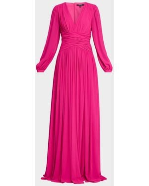 Badgley Mischka Plunging Bishop-Sleeve Gown - Pink
