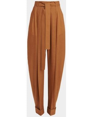 Ferragamo Pleated Wool Barrel-Leg Pants With Belt - Brown