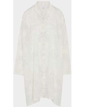 Eskandar Tile-Print Ottoman Wide A-Line Collarless Shirt With Slits (Very Long Length) - White