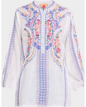 Johnny Was Bahari Embroidered Henley Tunic - White