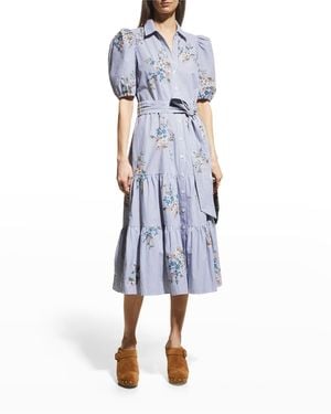 Veronica Beard Eunice Floral Embroidered Striped Button-Front Midi Dress - Blue
