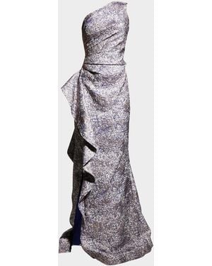 Teri Jon One-Shoulder Jacquard Side-Ruffle Gown - Gray