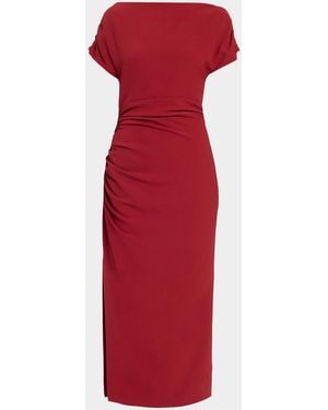 Lela Rose High-Neck Ruched Fluid Crepe Slit Midi Dress - Red