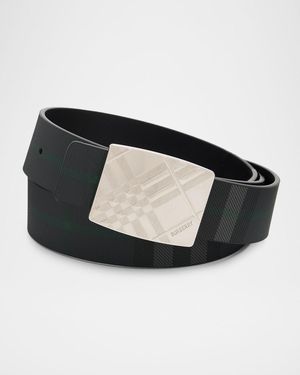 Burberry Check-Engraved Buckle Reversible Leather Belt - Black