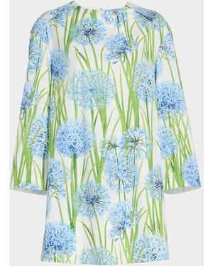 Oscar de la Renta Long-Sleeve Alliums-Print Poplin Mini Dress - Blue