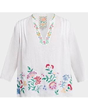 Johnny Was Floral-Embroidered Linen Blouse - White