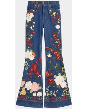 Alice + Olivia Beautiful Embroidered High-Rise Bell Bottom Jeans - Blue