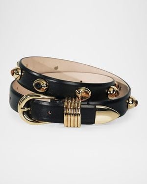 DEHANCHE Hollyhock Stone Tiger & Apos;S Eye & 24K-Plated Leather Belt - Black