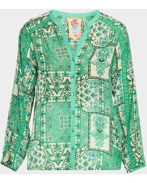 Johnny Was Ellen Patchwork Silk Button-Up Shirt - Green