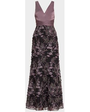 Aidan Mattox Sleeveless Floral-Embroidered Gown - Purple