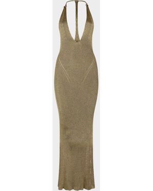 Roberto Cavalli Plunging Metallic Rib Knit Maxi Dress - Green