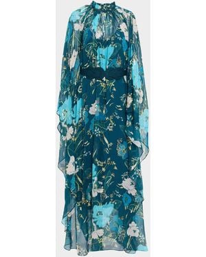 Figue Alicia Metallic Floral Chiffon Batwing-Sleeve Maxi Dress - Blue