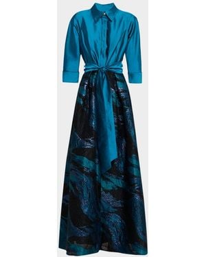 Teri Jon Taffeta Feather-Patterned Shirt Gown - Blue