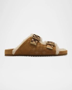 Burberry Urchin Shearling-Lined Suede Dual Buckle Slide Sandals - Brown