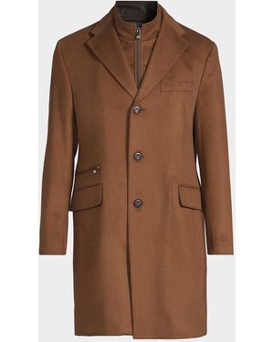 Corneliani Virgin Wool Single-Breasted Top Coat With Zip Insert - Brown
