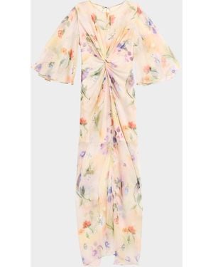 Prabal Gurung Flutter Sleeve Floral Silk Gathered Dress - Natural