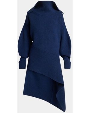 Givenchy High-Neck Slashed Wool-Cashmere Asymmetric Mini Sweater Dress - Blue