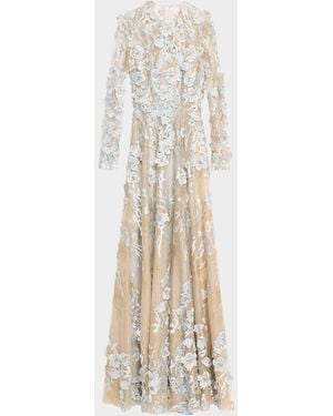 Naeem Khan Metallic Flower Lace Long-Sleeve Gown - White