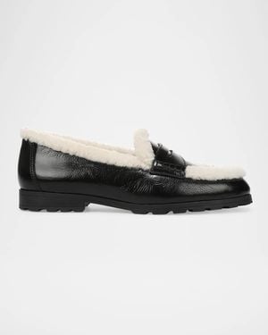 Veronica Beard Shearling-Lined Patent Leather Penny Loafers - Black