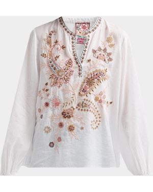 Johnny Was Lyora Embroidered Relaxed Swing Blouse - White