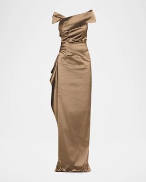 Teri Jon Off-Shoulder Stretch Taffeta Column Gown - Natural