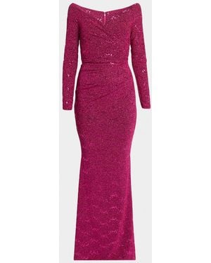 Talbot Runhof Sequined Off-Shoulder Long-Sleeve Gown - Pink