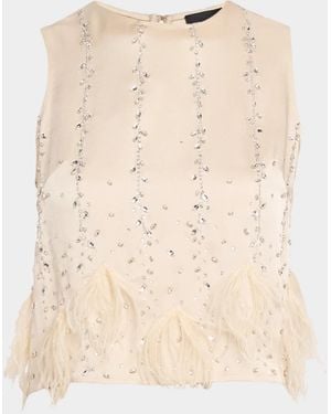 LAPOINTE Crystal & Feather Embellished Satin Cropped Tank Top - Natural
