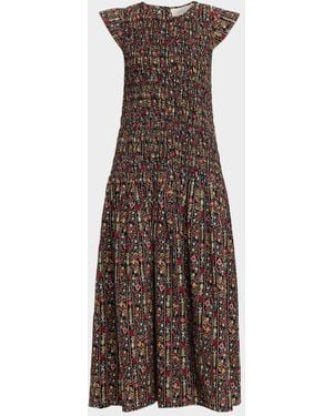 The Great The Paramour Printed Cotton Seersucker Midi Dress - Brown