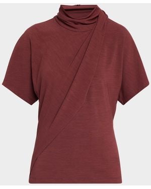 Brunello Cucinelli Mock-Neck Draped Jersey Short-Sleeve T-Shirt - Red