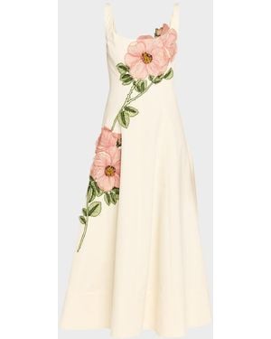 Lela Rose Peony Embroidered Sleeveless Midi Dress - Natural